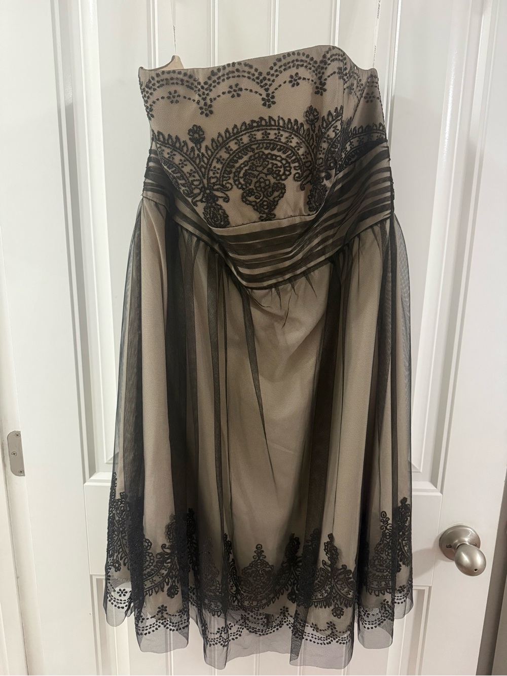 David's Bridal Strapless Black and Beige Embroidered Tulle Dress